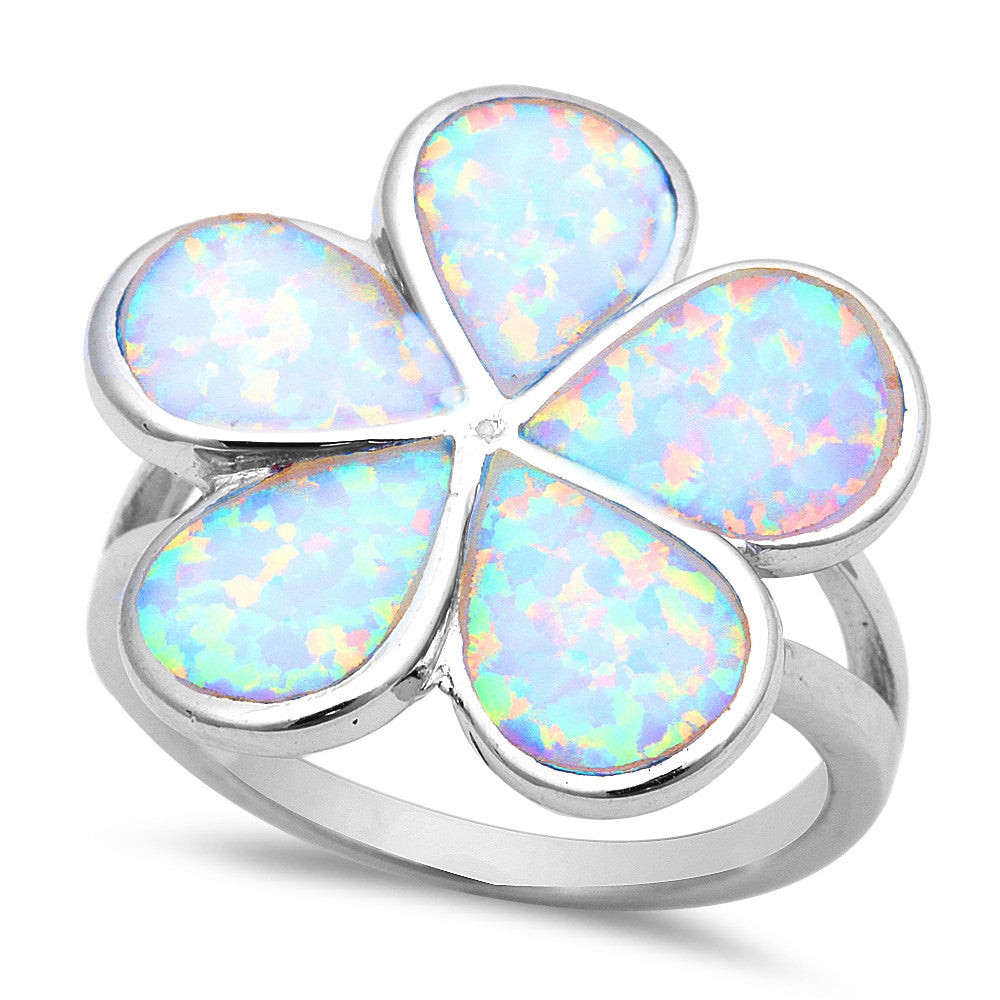 Sterling Silver White Fire Opal Plumeria Ring Sizes 5-9