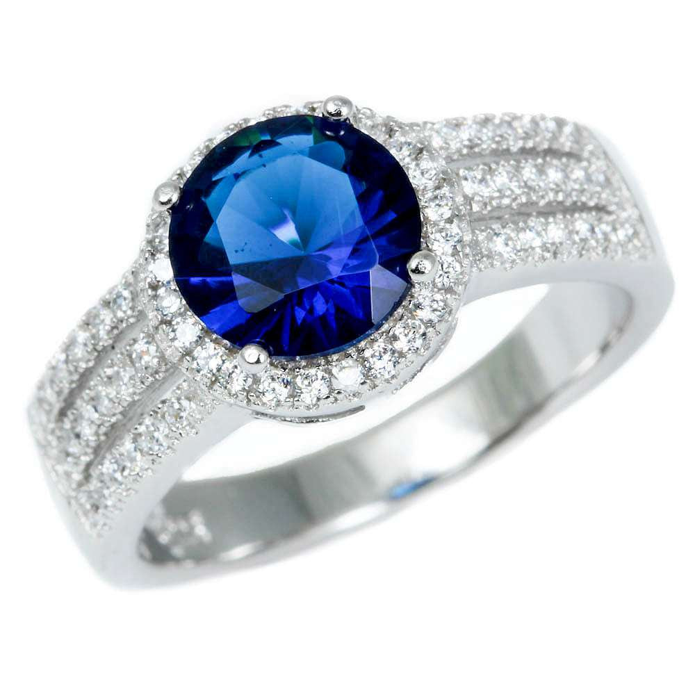 Halo Blue Sapphire & Cz .925 Sterling Silver Ring Sizes 6-10