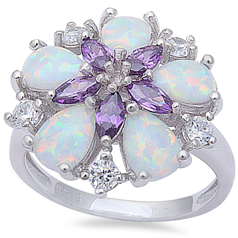White Fire Opal, Amethyst, & Cz Flower .925 Sterling Silver Ring Sizes 6-9