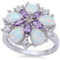 White Fire Opal, Amethyst, & Cz Flower .925 Sterling Silver Ring Sizes 6-9