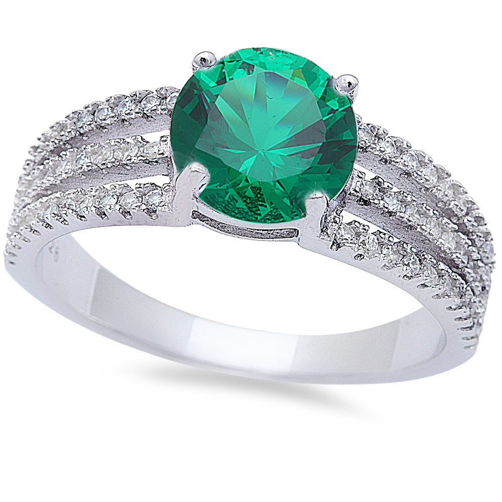 Round Emerald & Cz Fashion .925 Sterling Silver Ring Sizes 6-9