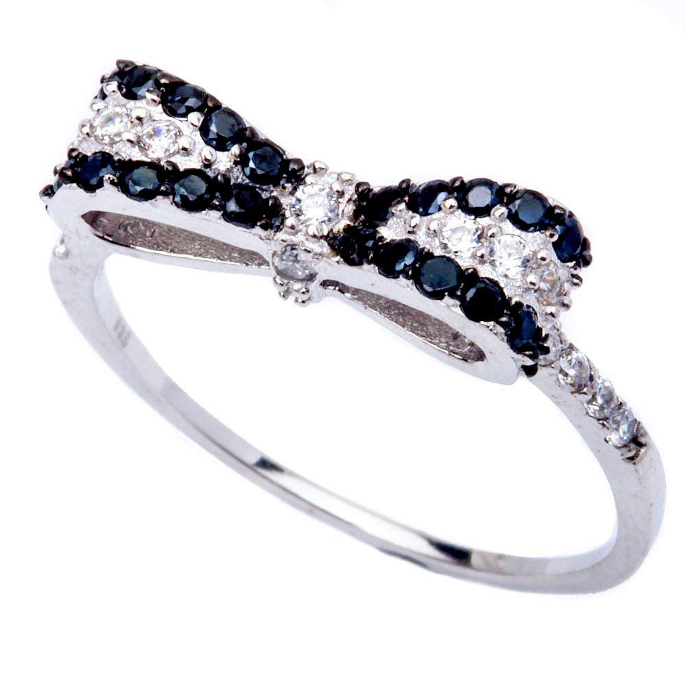 Black & White Cz Bow Tie Fashion .925 Sterling Silver Ring Sizes 4-10