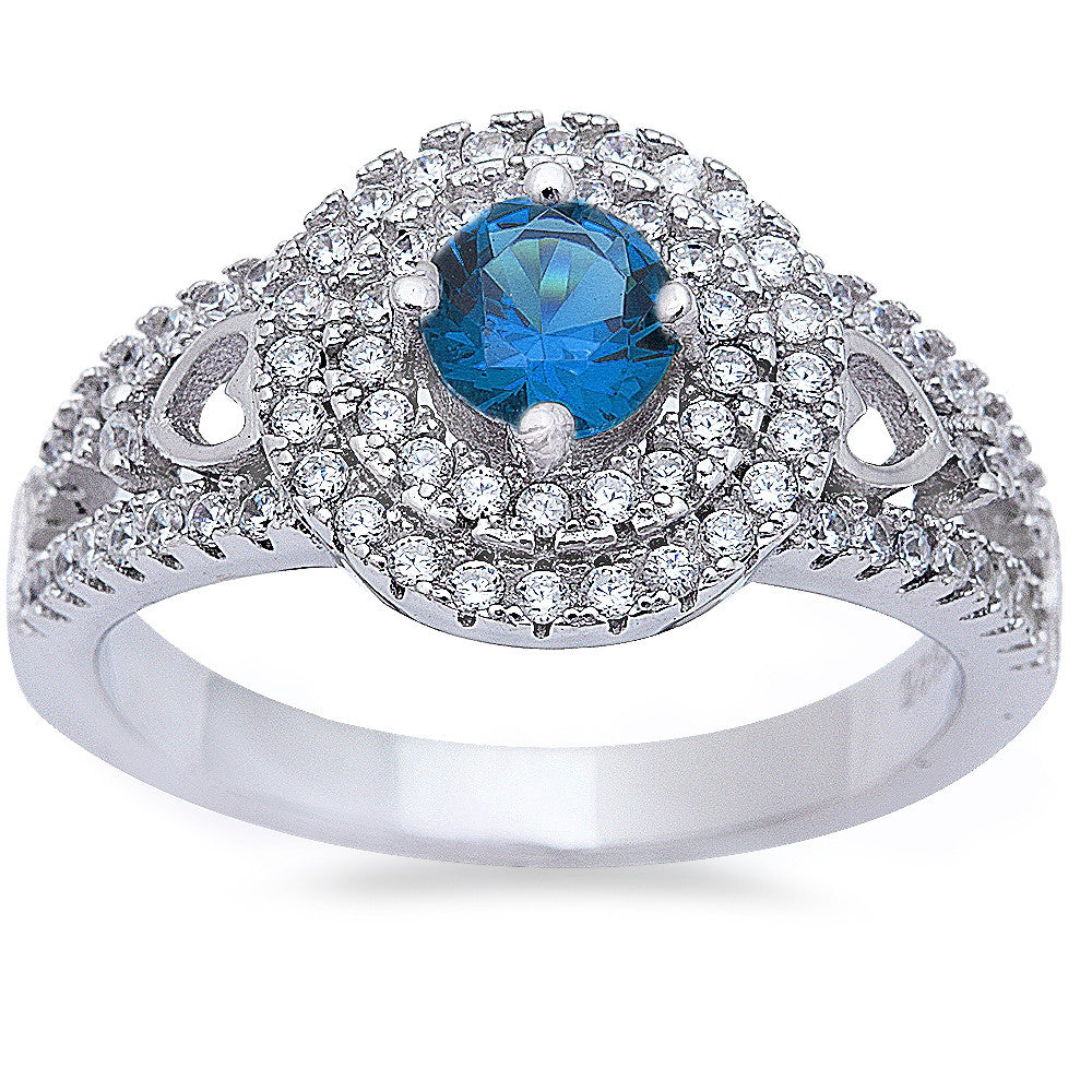 Halo Style Blue Sapphire & Cz High Fashion .925 Sterling Silver Ring Sizes 6-9