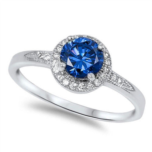 Halo Blue Sapphire & Cz Fashion .925 Sterling Silver Ring Sizes 4-9