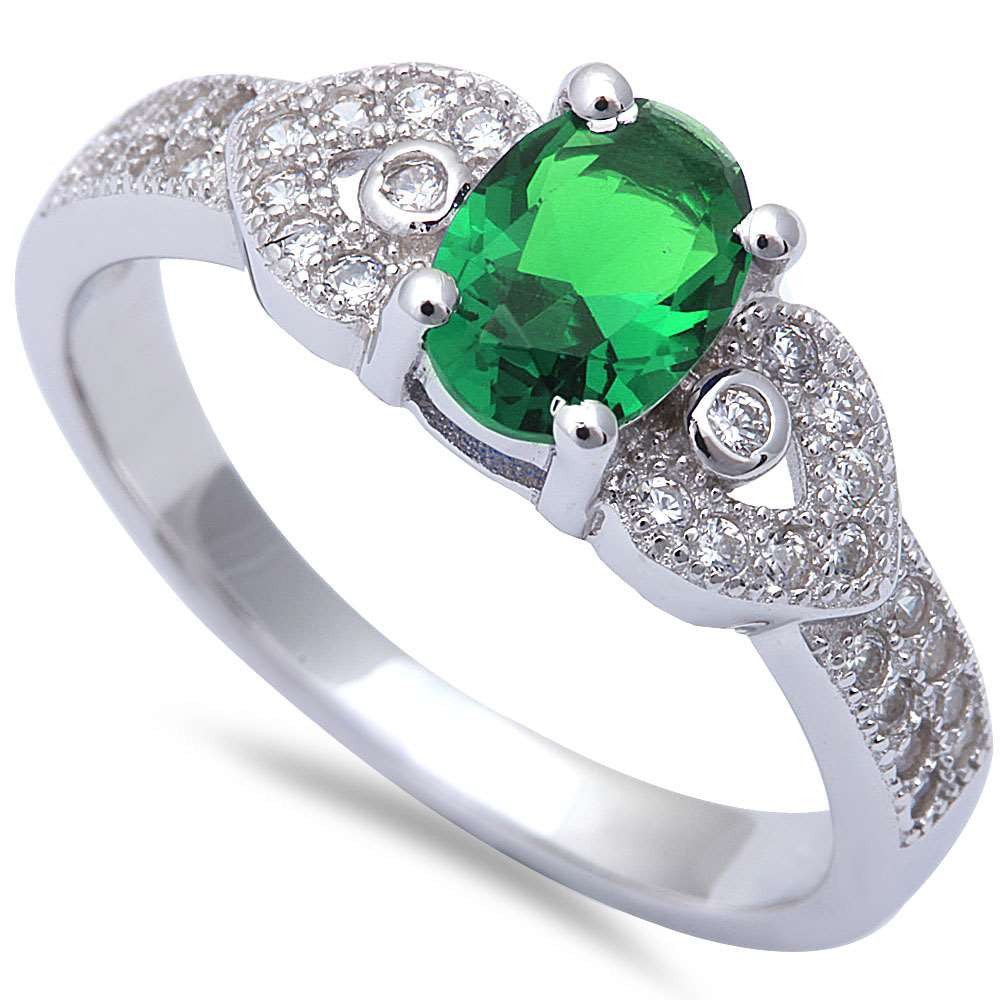 Oval Green Emerald & Micro Pave Cz Fashion .925 Sterling Silver Ring Sizes 5-9