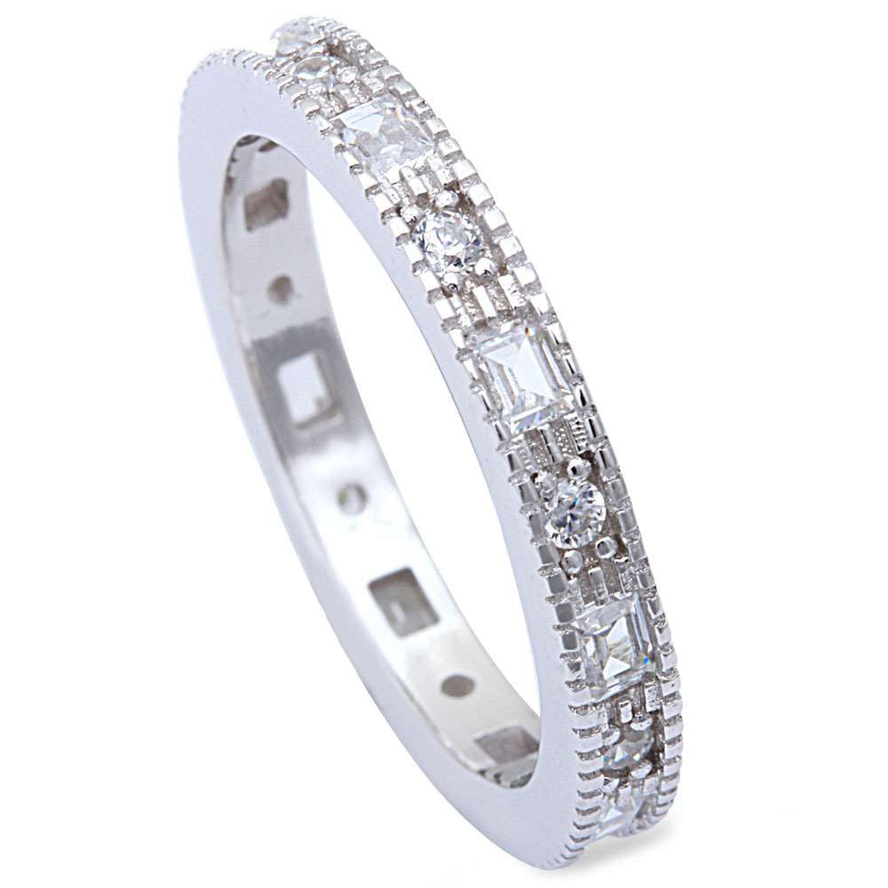 Round & Baguette Cz Fashion Engagement Band .925 Sterling Silver Ring Sizes 5-9