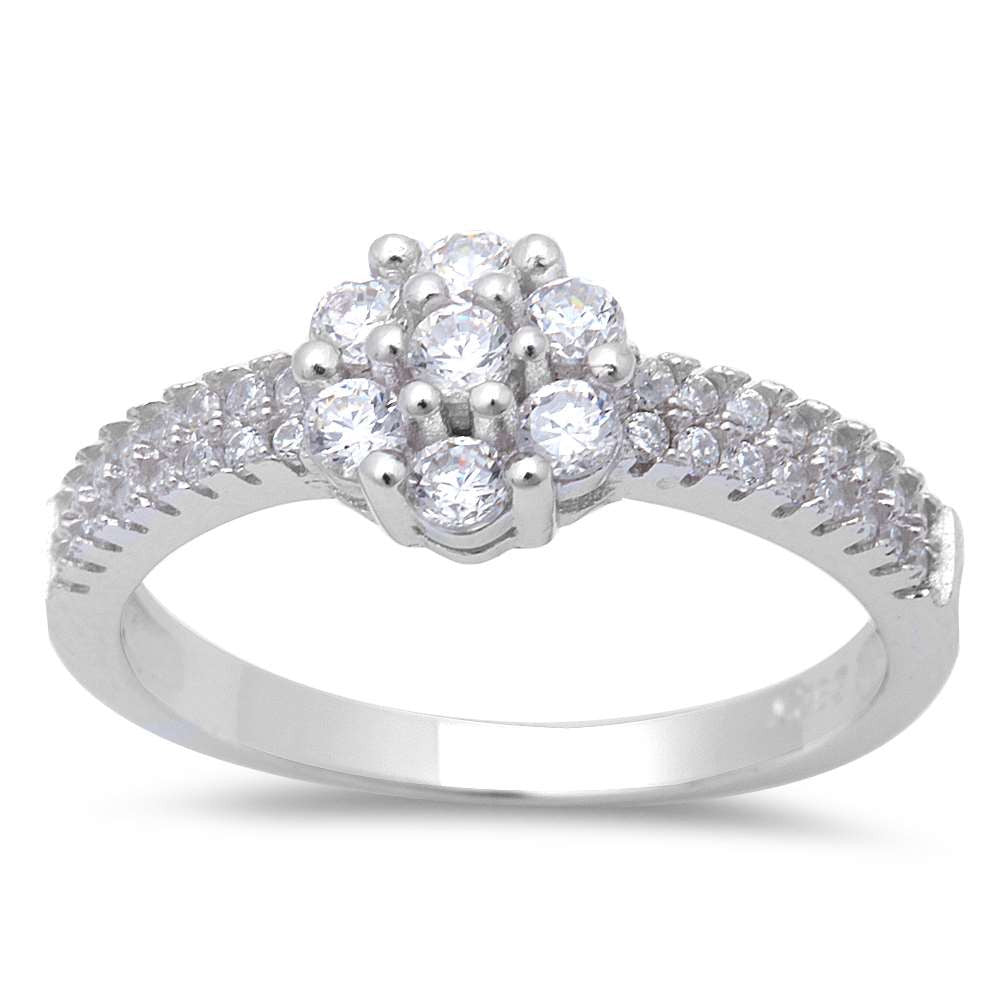 Round & Micro Pave Cz Flower .925 Sterling Silver Ring Sizes 5-9