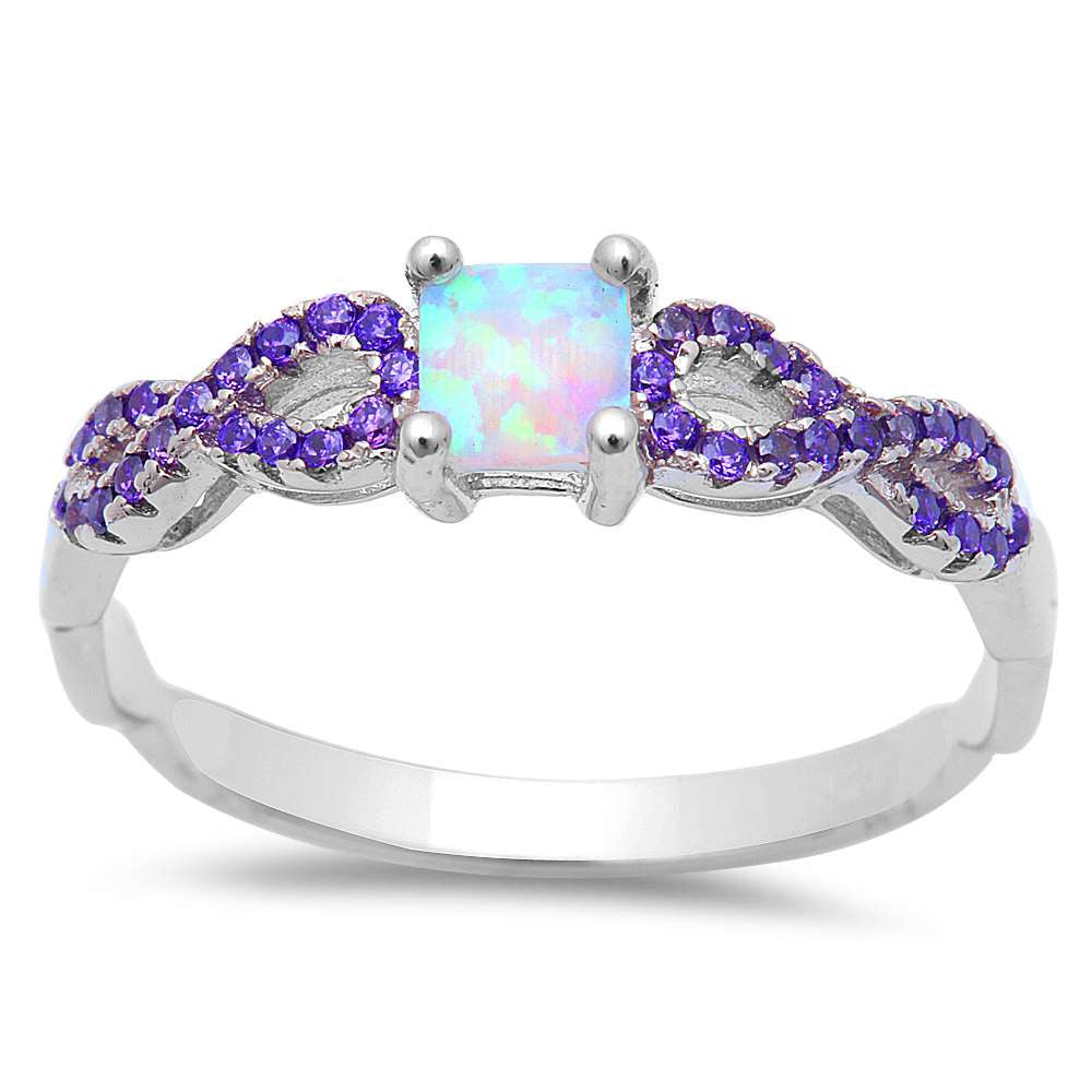 White Opal w/ Amethyst Inifnity  .925 Sterling Silver Ring Sizes 5-8