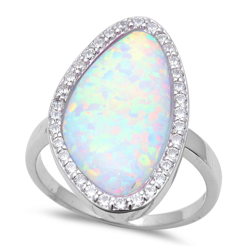 New Shape White Fire Opal & Cz .925 Sterling Silver Ring Sizes 6-8