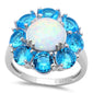 White FIRE Opal & Blue Topaz Flower .925 Sterling Silver Ring Sizes 5-8