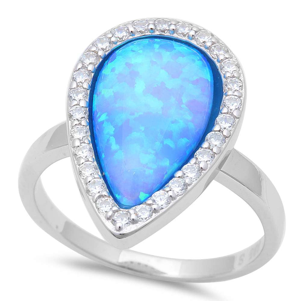 Pear Shape Blue Fire Opal & Cz .925 Sterling Silver Ring Sizes 6-8