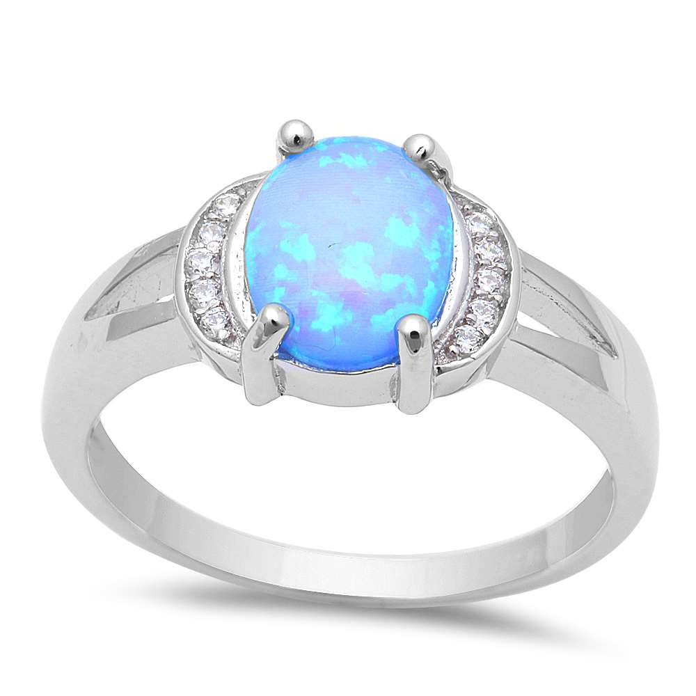 Oval Blue Fire Opal & Cz .925 Sterling Silver Ring Sizes 5-8