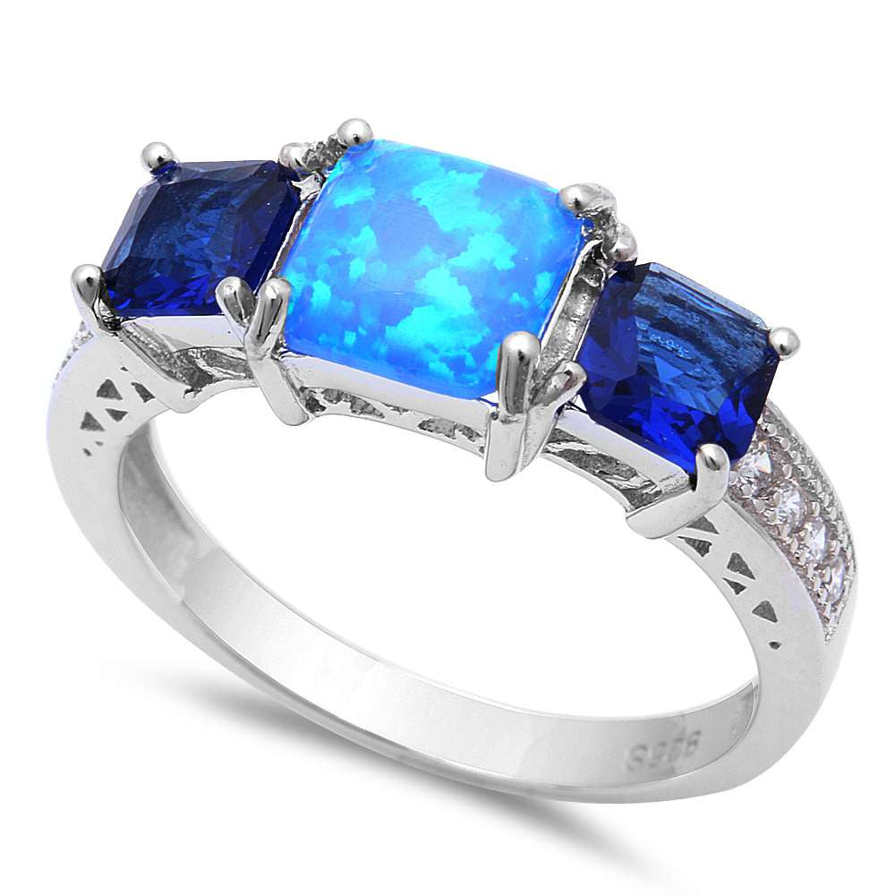 Princess Cut Blue Opal, Blue Sapphire & Cz .925 Sterling Silver Ring Sizes 5-8