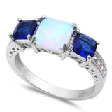 Princess Cut White Opal, Blue Sapphire & Cubic Zirconia .925 Sterling Silver Ring Sizes 5-6,8-10