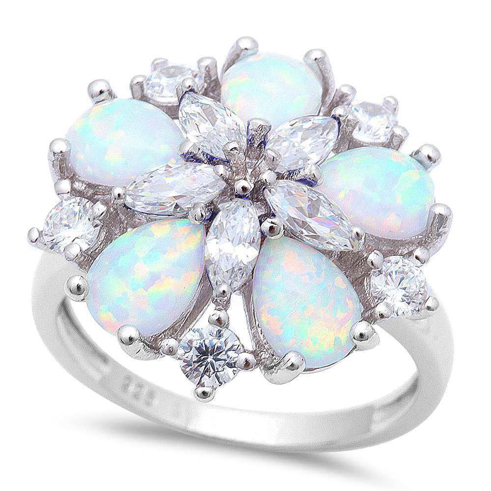 Gorgeous White Fire Opal & Cz Flower .925 Sterling Silver Ring Sizes 7-10