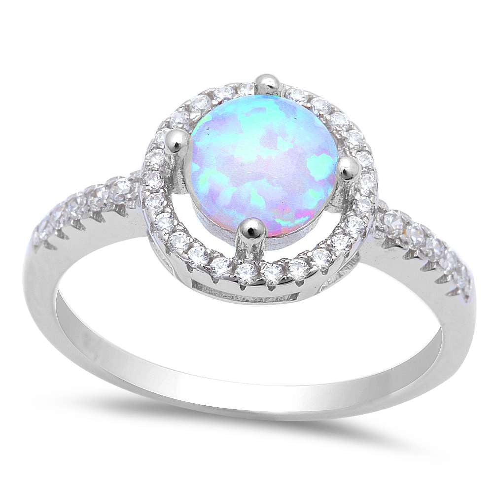 Halo White Fire Opal & Cz .925 Sterling Silver Ring Sizes 5-8