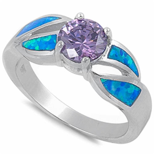 ROUND AMETHYST & BLUE OPAL FASHION .925 Sterling Silver Ring Sizes 6-10