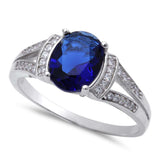  Oval Shape Blue Sapphire & Cubic Zirconia .925 Sterling Silver Ring