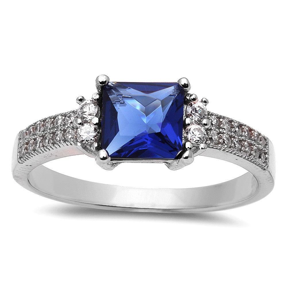 Princess Cut Blue Sapphire Modern Bezel Set Wedding or Solitaire Ring