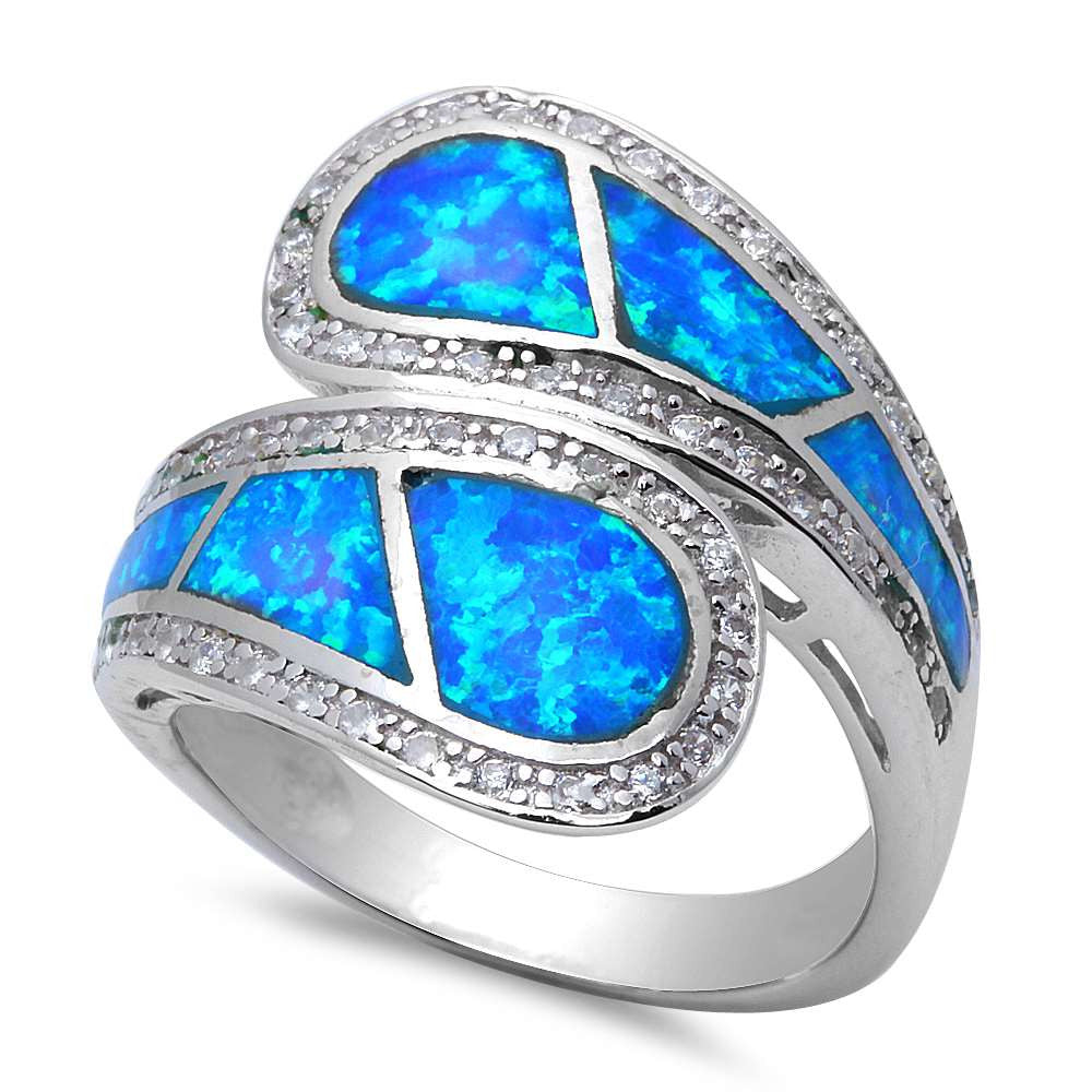 Blue Opal & Cz .925 Sterling Silver Ring Size 6-10