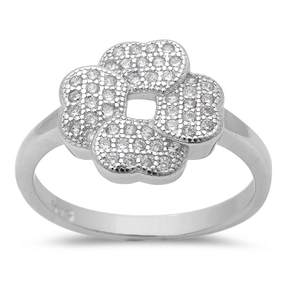 Micro Pave Cubic Zirconia Four Leaf Clover .925 Sterling Silver Ring Size 5-9