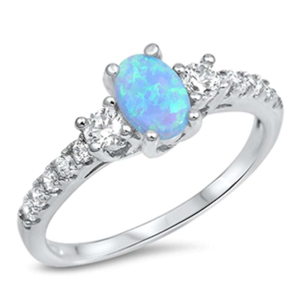 Oval Light Blue Opal & Cubic Zirconia .925 Sterling Silver Ring Sizes 4-12