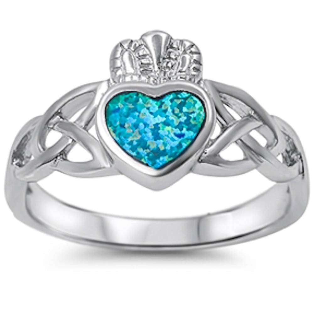 Blue Opal Heart Irish Claddagh w/ Celtic Design Band .925 Sterling Silver Ring Sizes 5-10