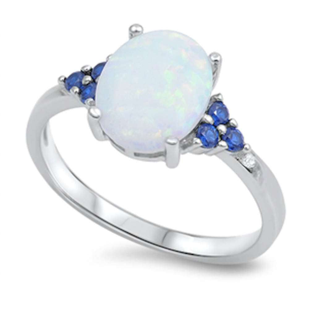 Oval White Opal & Blue Sapphire .925 Sterling Silver Ring Sizes 4-10