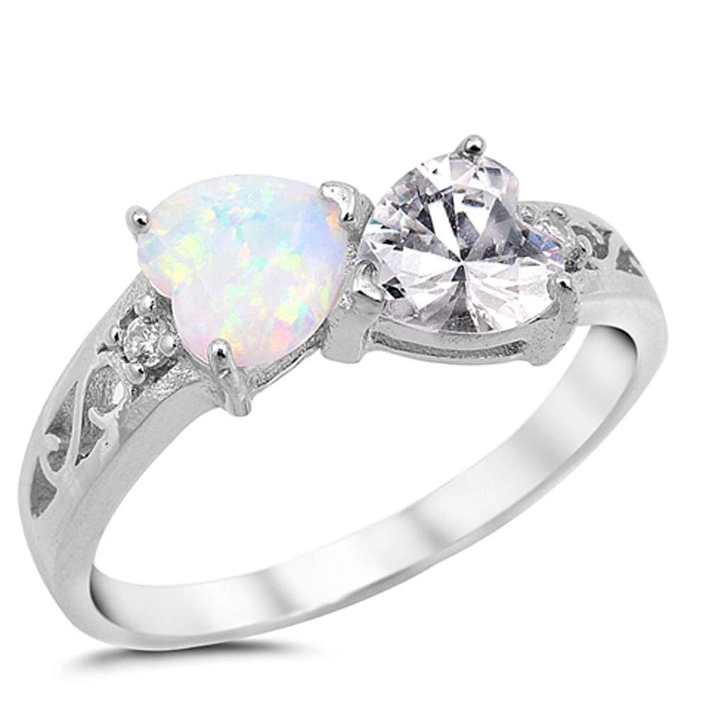 Heart White Opal & Cubic Zirconia .925 Sterling Silver Ring Sizes 4-10