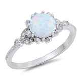 Lab Created White Opal Round Shape with Bezel CZ  .925 Sterling Silver Ring