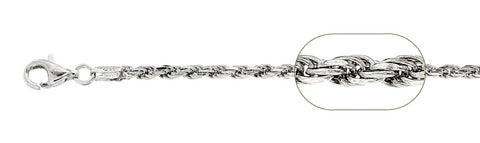 060-3.0MM Rhodium Plated Rope Chain .925  Solid Sterling Silver Available in 8"-28" inches