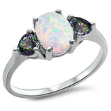 Oval White Opal & Heart Rainbow CZ .925 Sterling Silver Ring SIze 4-11