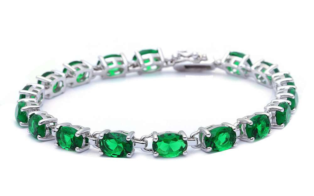 13.5CT Oval Cut Green Emerald .925 Sterling Silver Bracelet