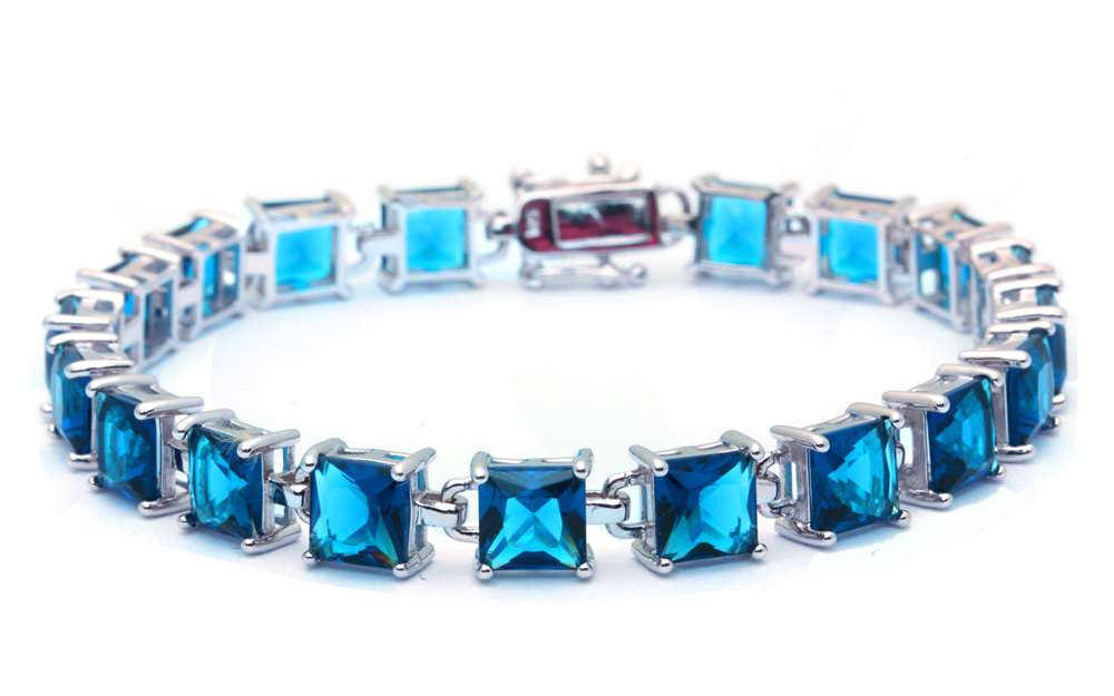 24CT Princess Cut Elegant Blue Topaz .925 Sterling Silver Bracelet