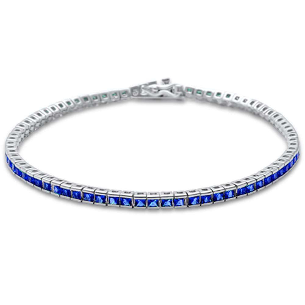 2.5MM Square Bezel Blue Sapphire .925 Sterling Silver Tennis Bracelet 7.5"