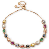 Rose Gold plated Oval Multicolor Gemstones CZ .925 Sterling Silver 7-9" Adjustable Toggle Bola Bracelet