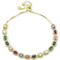Yellow Gold plated Oval Multicolor Gemstones CZ .925 Sterling Silver  7-9" Adjustable Toggle Bola Bracelet