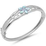 Leaf & Flower Natural Larimar & CZ .925 Sterling Silver Bangle Bracelet