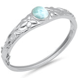 Oval Natural Larimar Flower Engraved .925 Sterling Silver Bangle Bracelet