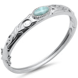 Natural Larimar & CZ Flower Engraved .925 Sterling Silver Bangle Bracelet