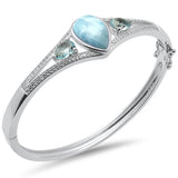 Pear Shaped Natural Larimar, Aquamarine & CZ .925 Sterling Silver Bangle Bracelet