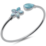 Pear Shaped & Flower Natural Larimar .925 Sterling Silver Cuff Bracelet