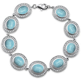 Oval Natural Larimar & Cubic Zirconia .925 Sterling Silver Bracelet 7" Long