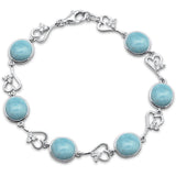 Oval Natural Larimar Heart shape Cubic Zirconia .925 Sterling Silver Bracelet 7" Long