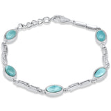 Oval Shape Natural Larimar Greek Design .925 Sterling Silver Bracelet 7.5" Adjustable