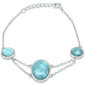 Oval & Round Natural Larimar .925 Sterling Silver Bracelet 6" + 1" Adjustable