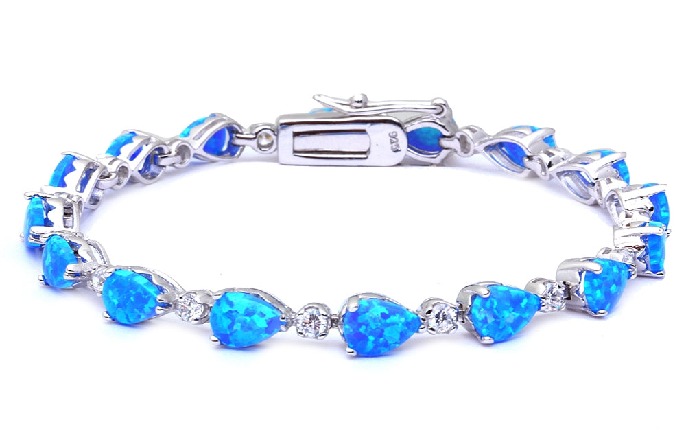 Pear Cut Blue Fire Opal & White Cz Fashion .925 Sterling Silver Bracelet 7.25"