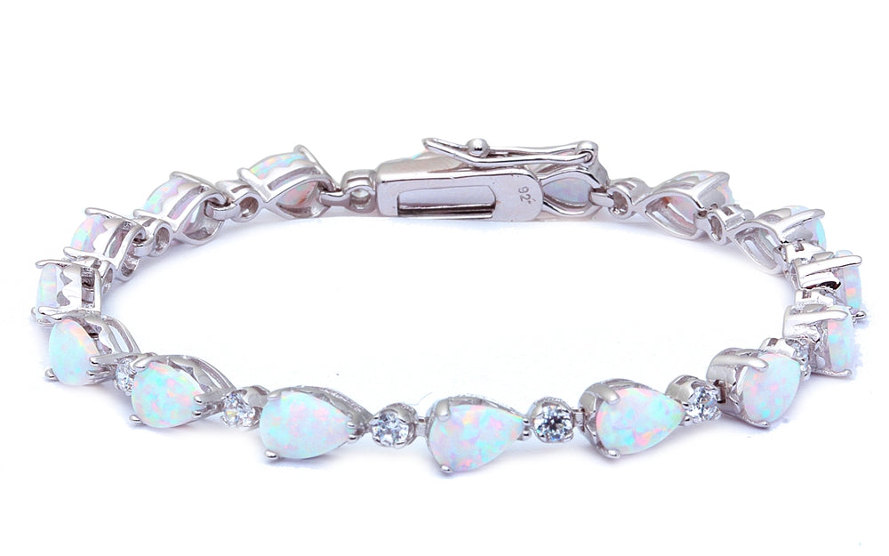 Pear Cut White Opal & White Cz Fashion .925 Sterling Silver Bracelet 7.25"
