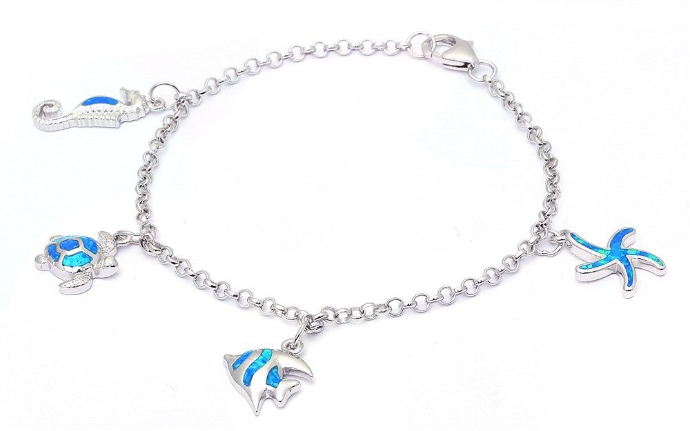 Blue Opal Sea Horse, turtle, Fish, & starfish .925 Sterling Silver Bracelets