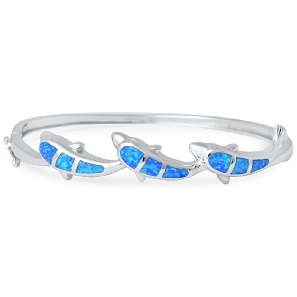 Blue Opal Dolphin .925 Sterling Silver Bangle Bracelet